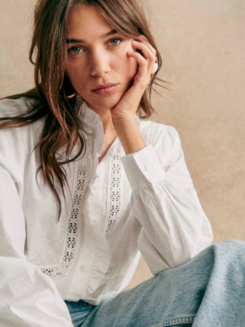 Sezane Ulysse White Lace-Trim Cotton Button Blouse Ecru White 34
